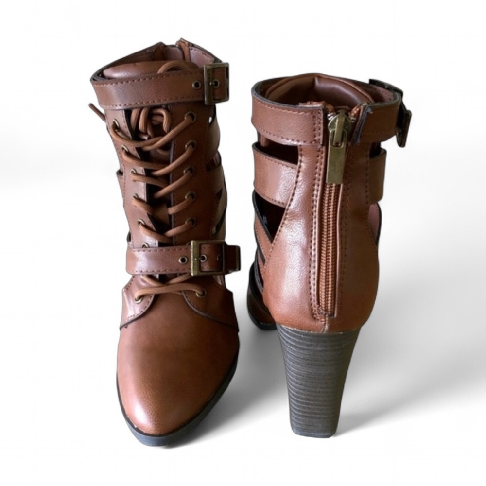 Cut-Out Lace Up High Heeled Ankle Booties Brown Chestnut Women’s Sizes NIB - Picture 3 of 13